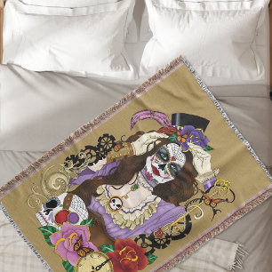 Steampunk Sugar Skull Throw Blanket