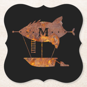 Steampunk Super Colorful Rusty Airship Monogram Paper Coaster