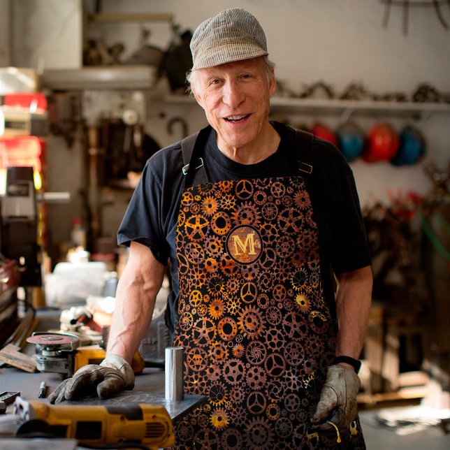 Steampunk Super Colorful Rusty Gears Monogram Apron (Creator Uploaded)