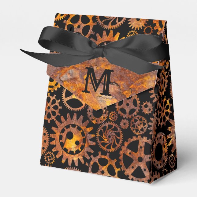 Steampunk Super Colorful Rusty Gears Monogram Favour Box (Front Side)