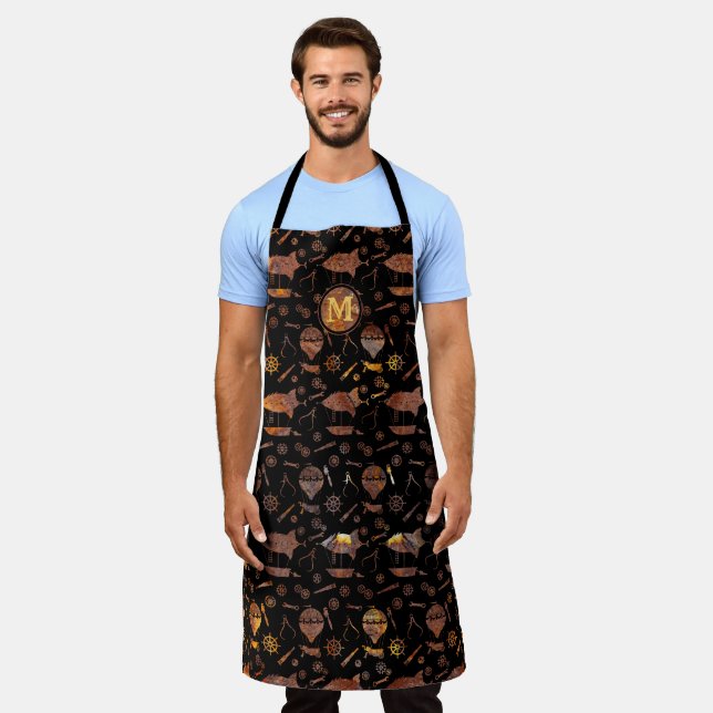 Steampunk Super Colourful Rust Airships Monogram Apron (Worn)