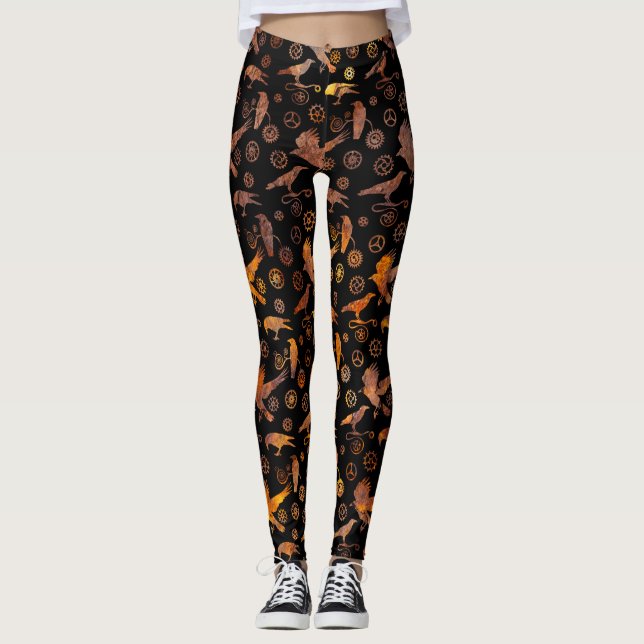 Steampunk Super Colourful Rusty Gears and Crows Leggings (Front)