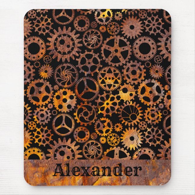Steampunk Super Colourful Rusty Gears Custom Name Mouse Mat (Front)