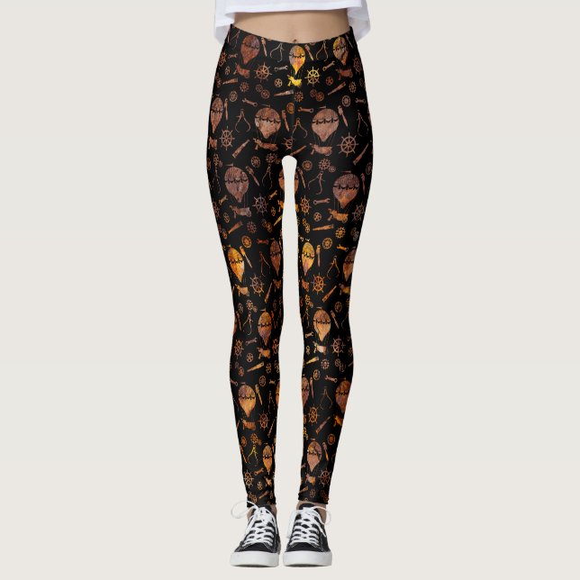 Steampunk Super Colourful Rusty Hot Air Balloons Leggings (Front)