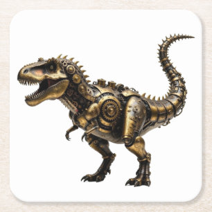Steampunk T-Rex Mech – Brass Dino Beast Square Paper Coaster