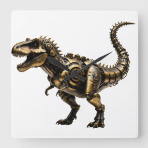 Steampunk T-Rex Mech – Brass Dino Beast Square Wall Clock