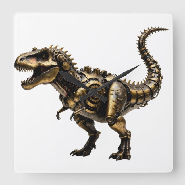 Steampunk T-Rex Mech – Brass Dino Beast Square Wall Clock (Front)