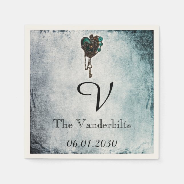Steampunk Teal Heart Monogram Wedding Napkin (Front)