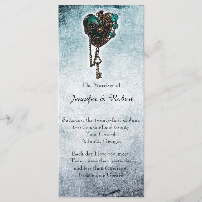 Steampunk Teal Heart Wedding Program Programme (Front)