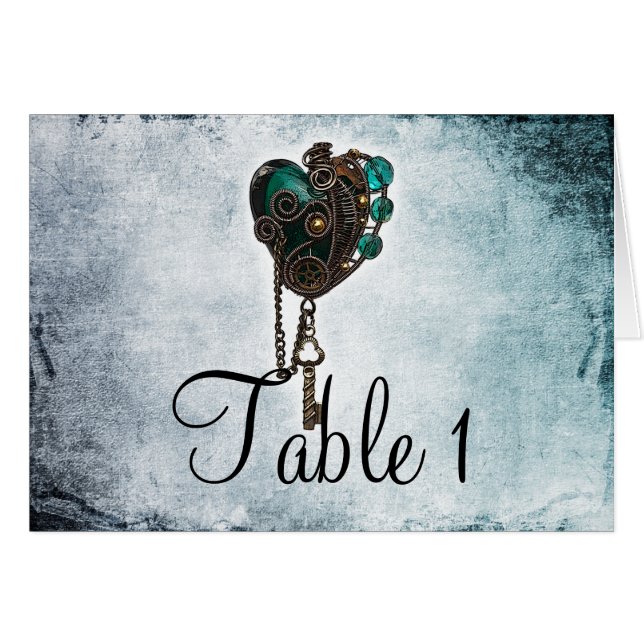 Steampunk Teal Heart Wedding Table Number (Front Horizontal)