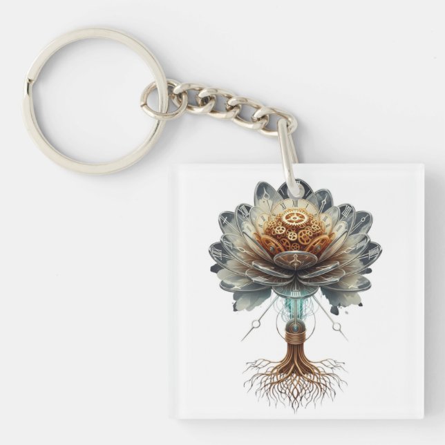 Steampunk Temporal Bloom: Mechanical Nature Engine Key Ring (Front)