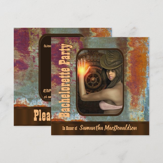 Steampunk themed bachelorette party invitation (Front/Back)