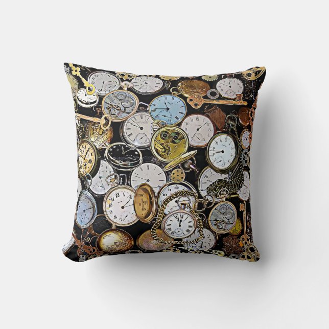 Steampunk Themed Pocket Watches, Gears, Clocks Cushion (Front)