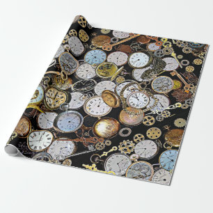 Steampunk Themed Pocket Watches, Gears, Clocks Wrapping Paper
