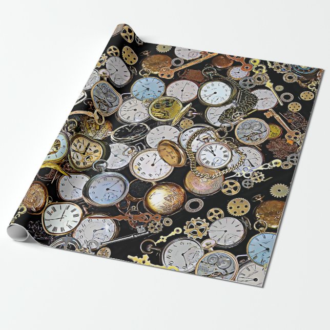 Steampunk Themed Pocket Watches, Gears, Clocks Wrapping Paper (Unrolled)