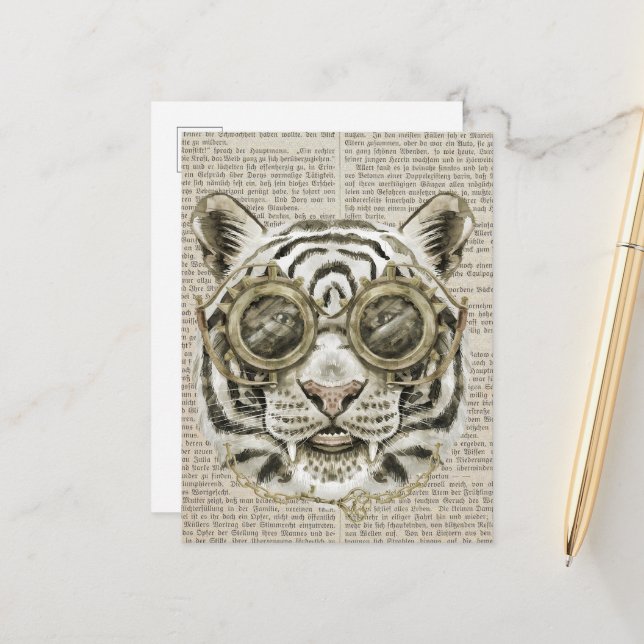 Steampunk Tiger on Vintage Text Postcard (Front/Back In Situ)