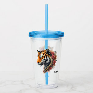 Steampunk Tiger with Roses Illustration. Acrylic Tumbler