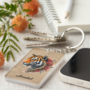 Steampunk Tiger with Roses Illustration Key Ring