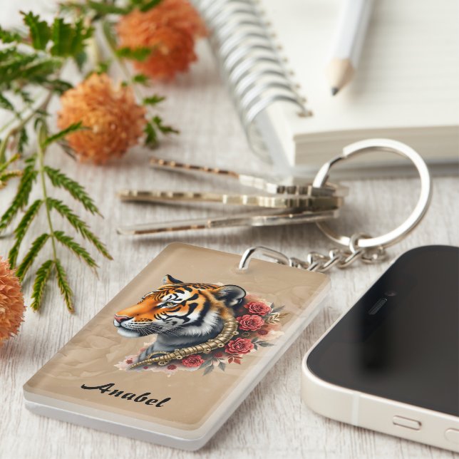 Steampunk Tiger with Roses Illustration Key Ring (Front Right)