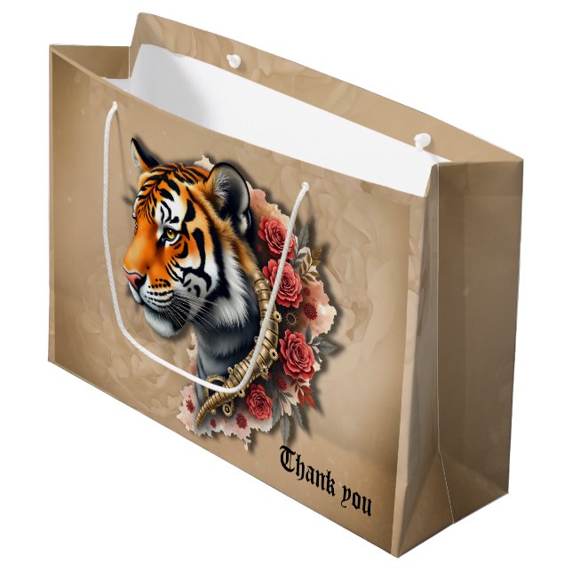 Steampunk Tiger with Roses Illustration.  Large Gift Bag (Front Angled)