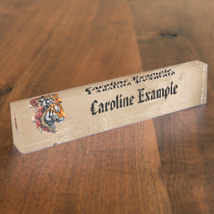 Steampunk Tiger with Roses Illustration. Nameplate