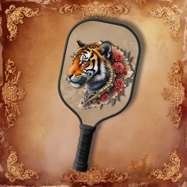 Steampunk Tiger with Roses Illustration.  Pickleball Paddle (Creator Uploaded)