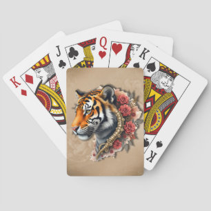 Steampunk Tiger with Roses Illustration. Playing Cards