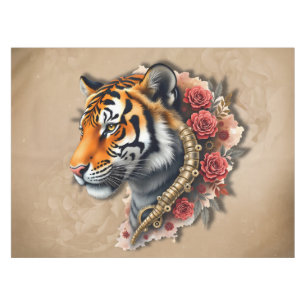 Steampunk Tiger with Roses Illustration. Tablecloth