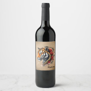 Steampunk Tiger with Roses Illustration. Wine Label