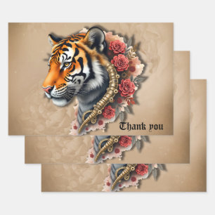Steampunk Tiger with Roses Illustration. Wrapping Paper Sheet