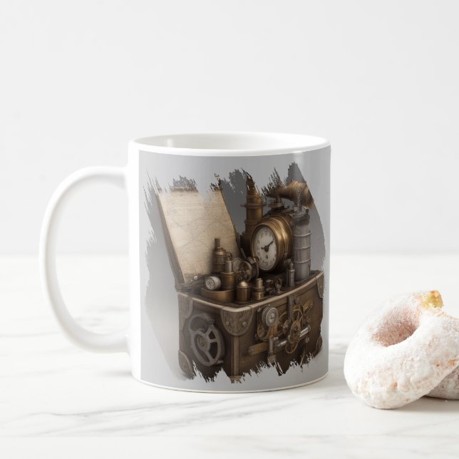 Steampunk Time Machine - Vintage Treasure Chest  Coffee Mug (With Donut)