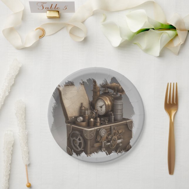 Steampunk Time Machine - Vintage Treasure Chest  Paper Plate (Wedding)