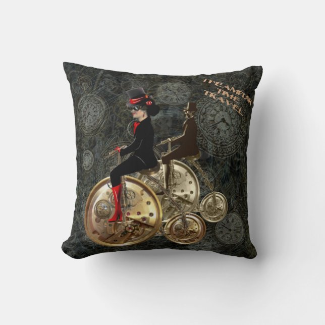Steampunk time travel, clockwork penny farthing cushion (Front)