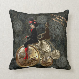 Steampunk time travel, clockwork penny farthing cushion