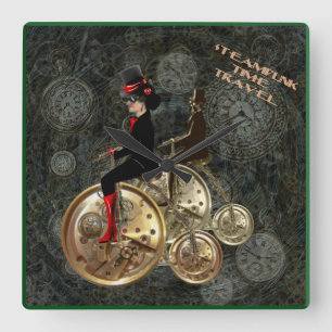 Steampunk time travel, clockwork penny farthing square wall clock