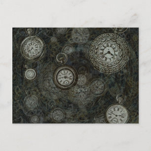 Steampunk time travel print, black, silver watches postcard
