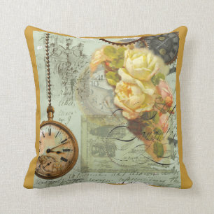Steampunk Time & Yellow Roses Cushion