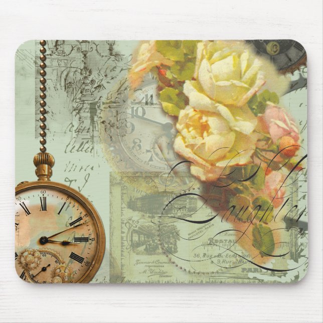 Steampunk Time & Yellow Roses Mouse Mat (Front)