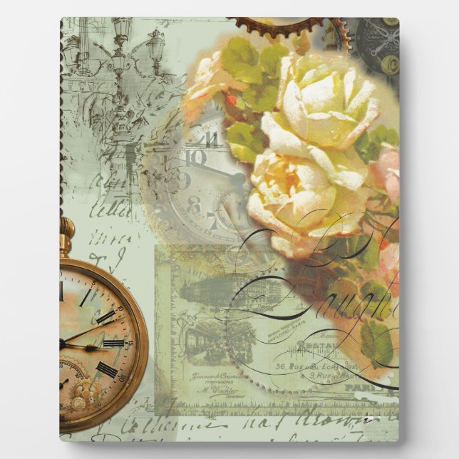 Steampunk Time & Yellow Roses Plaque (Front)