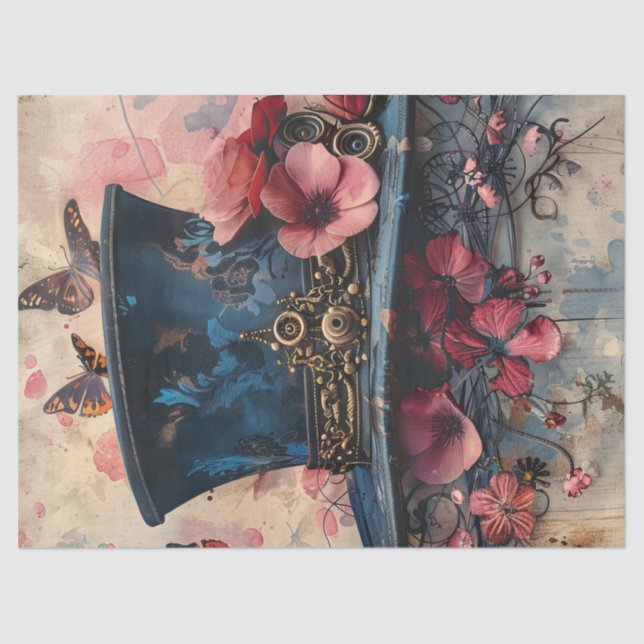 Steampunk Top Hat  Butterflies Flowers Decoupage Tissue Paper (Front)
