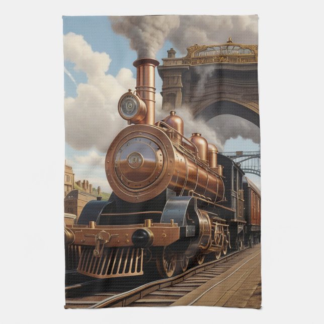 Steampunk Train Leaving London Tea Towel (Vertical)