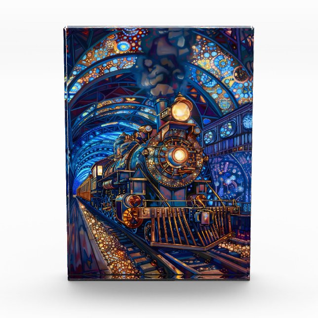 Steampunk Train Loco Engine Blue Faux Mosaic 065 Photo Block (Front)