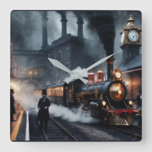 Steampunk Train Station  Square Wall Clock