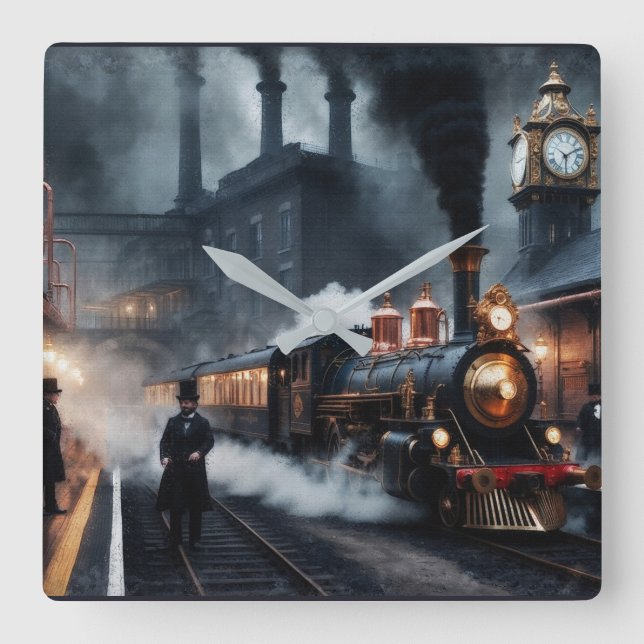 Steampunk Train Station  Square Wall Clock (Front)
