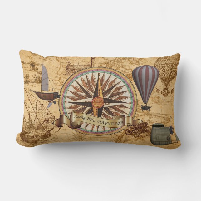 Steampunk Travel Antique Map Compass Adventure Lumbar Cushion (Front)