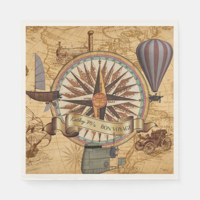 Steampunk Travel Antique Map Compass Adventure Napkin (Front)