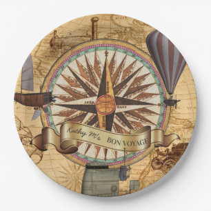 Steampunk Travel Antique Map Compass Adventure Paper Plate