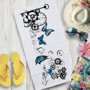 Steampunk Tribal Blue Butterflies Beach Towel