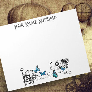 Steampunk Tribal Blue Butterflies Gear Swirl Notepad