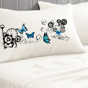 Steampunk Tribal Blue Butterflies Gear Swirl Pillowcase